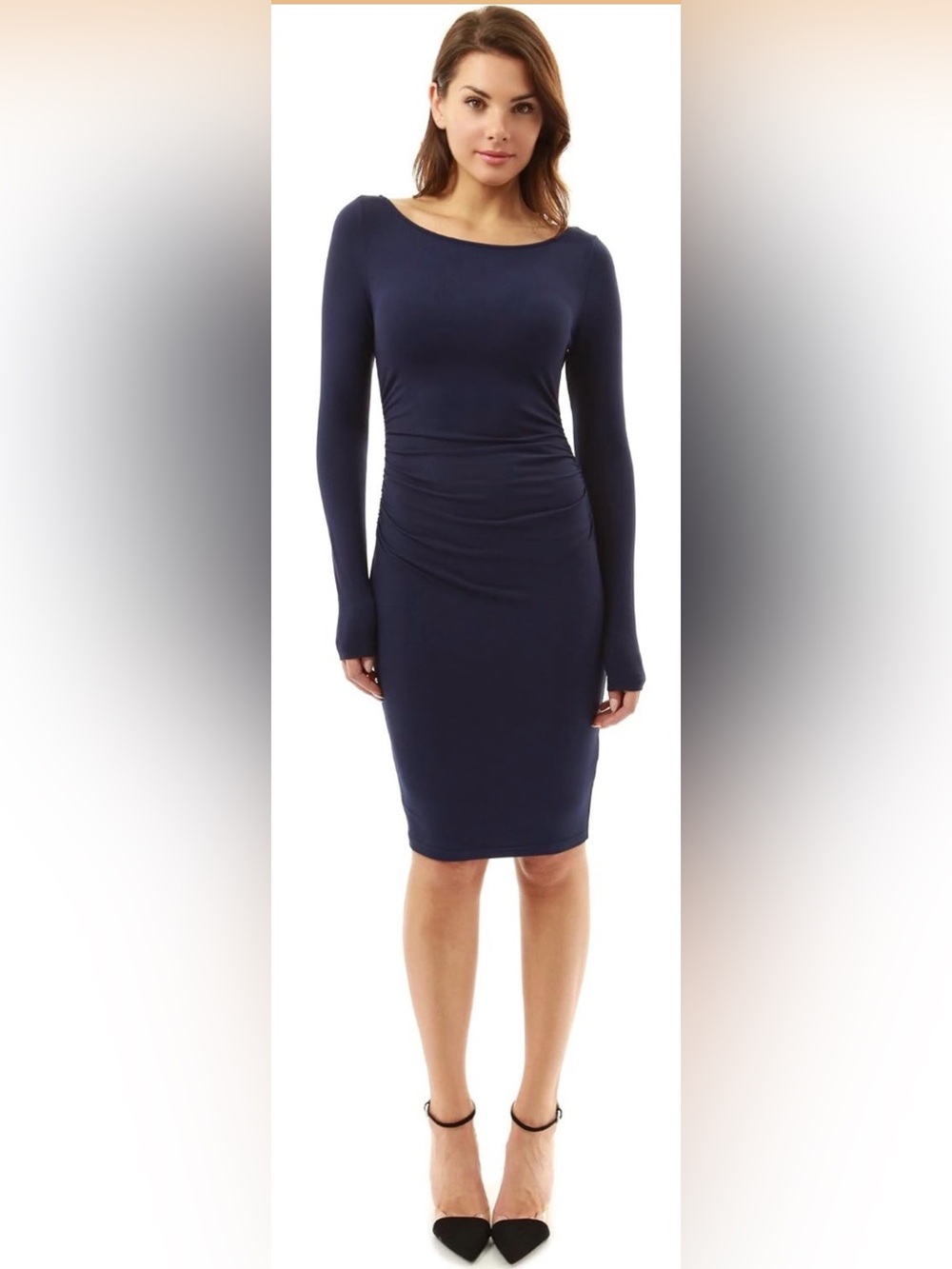 PattyBoutik Women Boat Neck BodyCon Long Sleeve Ruched Dress Navy Blue Small